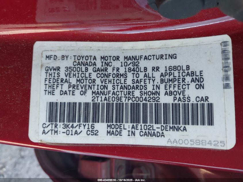 1993 Toyota Corolla Le/Dx VIN: 2T1AE09E7PC004292 Lot: 43459516