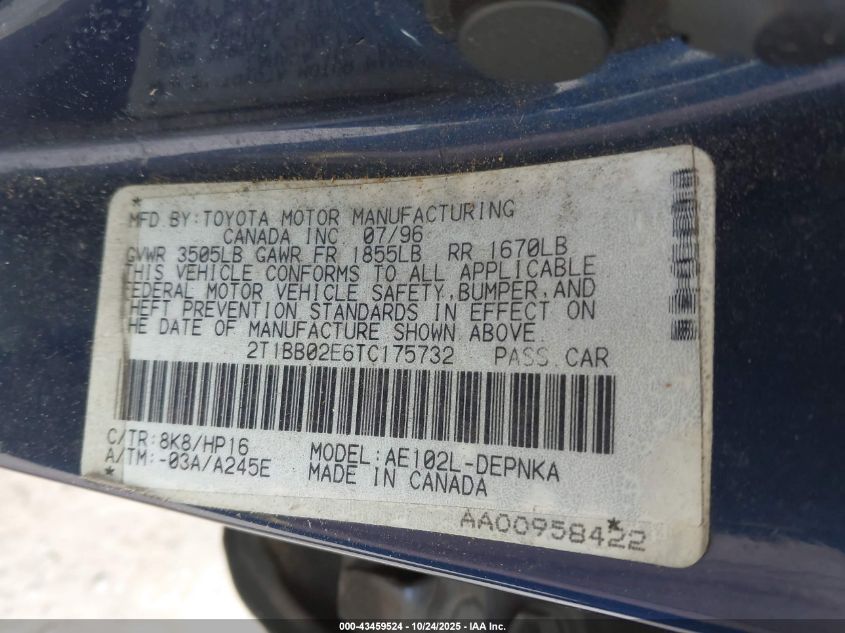 1996 Toyota Corolla Dx VIN: 2T1BB02E6TC175732 Lot: 43459524