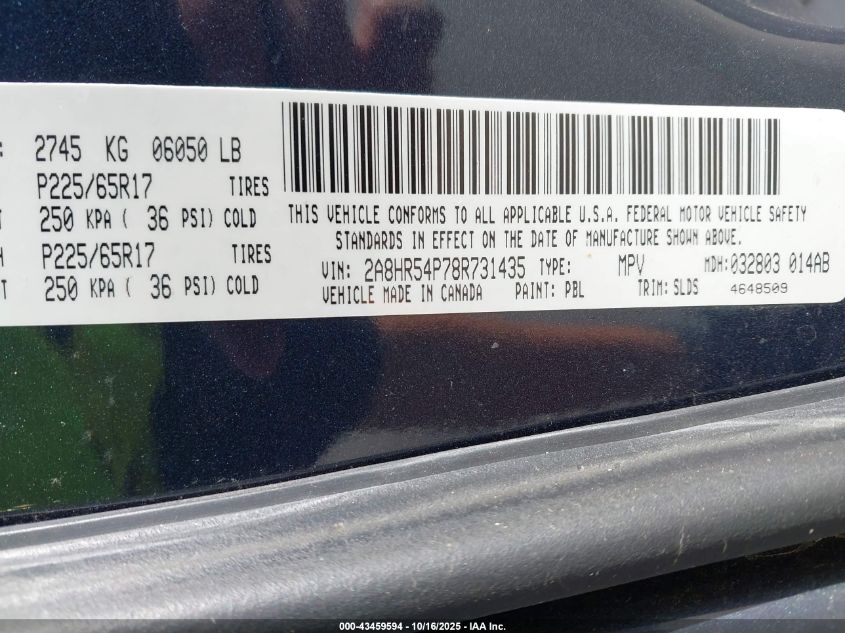 2008 Chrysler Town & Country Touring VIN: 2A8HR54P78R731435 Lot: 43459594