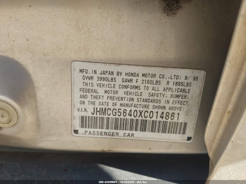 1999 Honda Accord Lx VIN: JHMCG5640XC014861 Lot: 43459601