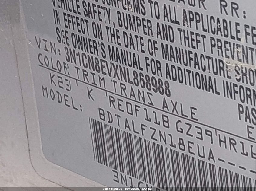 2022 Nissan Versa 1.6 Sv Xtronic Cvt VIN: 3N1CN8EVXNL868988 Lot: 43459626