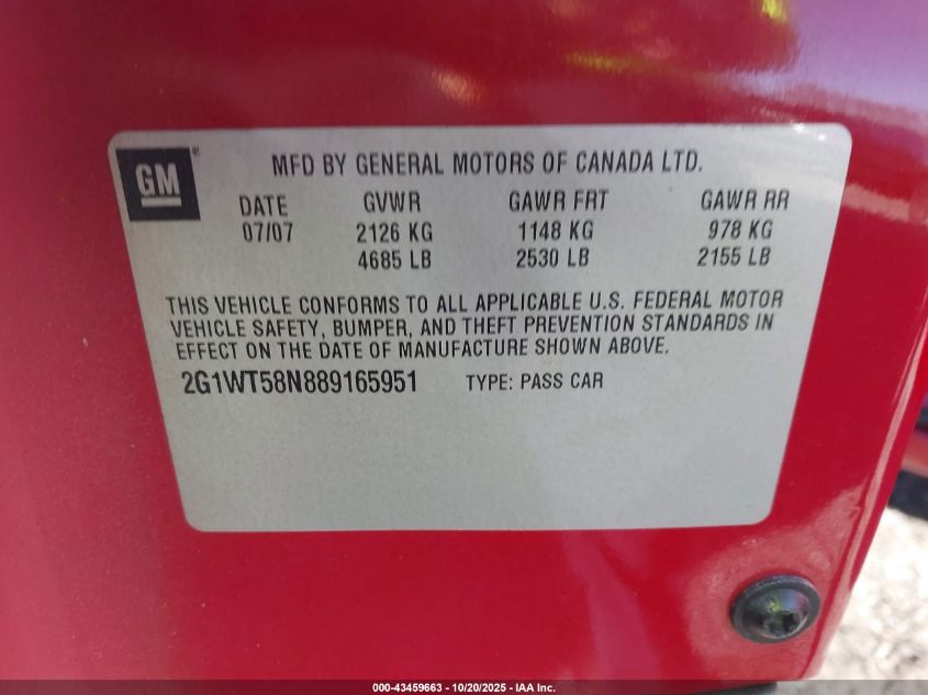 2008 Chevrolet Impala Lt VIN: 2G1WT58N889165951 Lot: 43459663