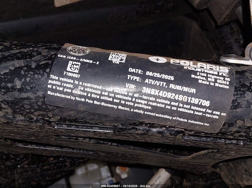 2025 Polaris Rzr Pro Xp 4 Ultimate VIN: 3NSX4D924SG139706 Lot: 43459687