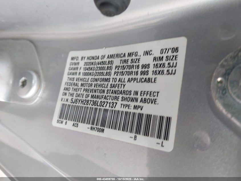 2006 Honda Element Ex-P VIN: 5J6YH28736L027137 Lot: 43459708