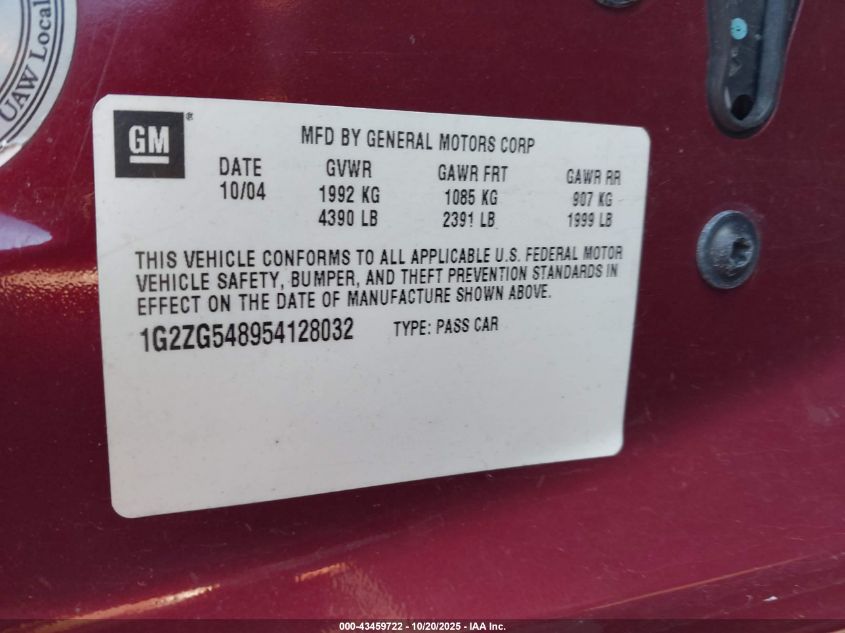 2005 Pontiac G6 VIN: 1G2ZG548954128032 Lot: 43459722