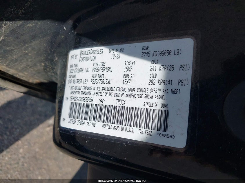 1B7HG2AZ9YS655054 2000 DODGE DAKOTA photo no. 9