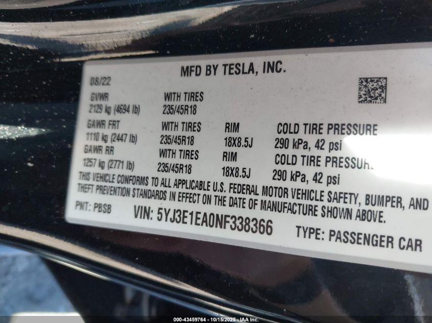 2022 Tesla Model 3 Rear-Wheel Drive VIN: 5YJ3E1EA0NF338366 Lot: 43459764