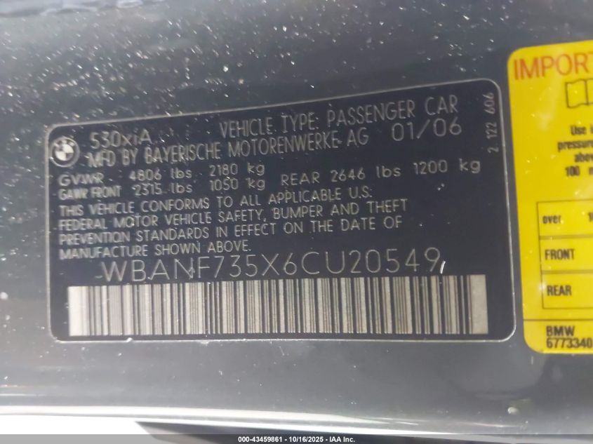 2006 BMW 530Xi VIN: WBANF735X6CU20549 Lot: 43459861