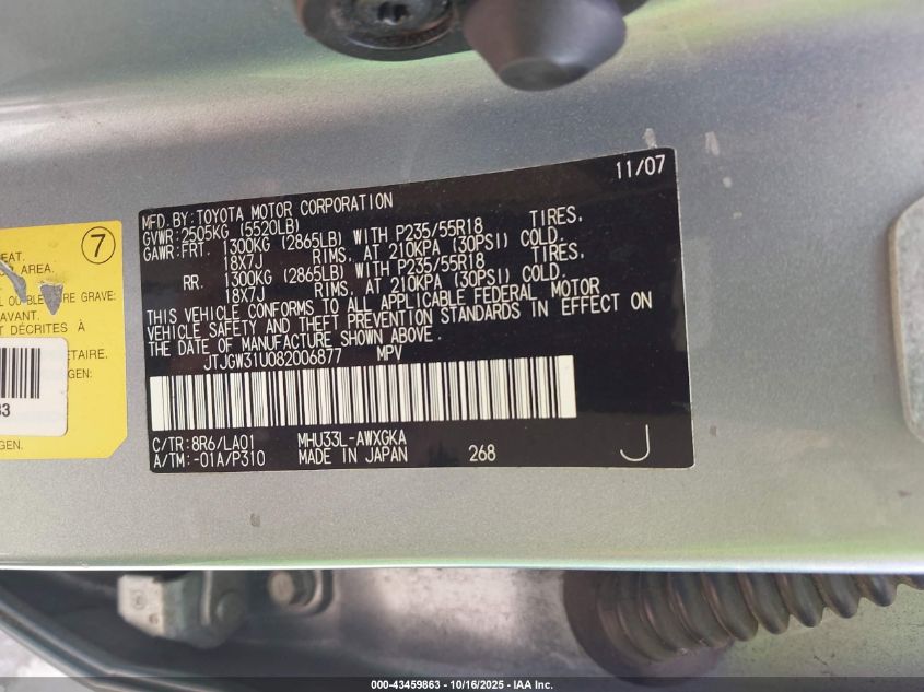 2008 Lexus Rx 400H VIN: JTJGW31U082006877 Lot: 43459863