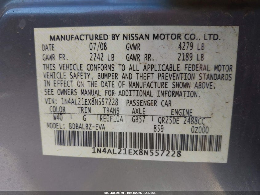 1N4AL21EX8N557228 2008 NISSAN ALTIMA photo no. 9