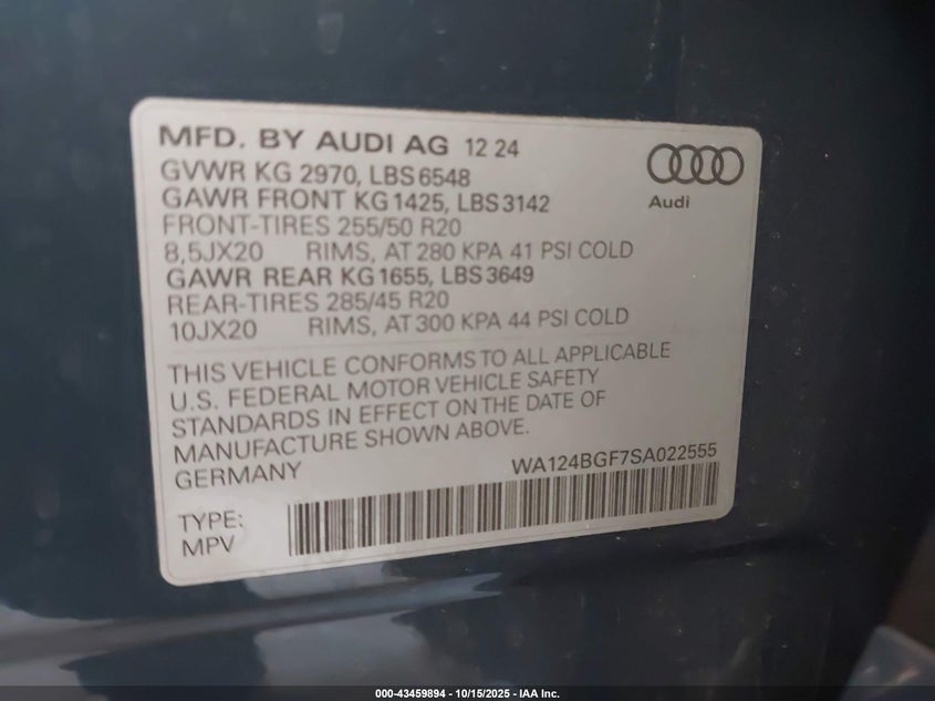 2025 AUDI Q6 E-TRON PREMIUM PLUS QUATTRO WA124BGF7SA022555