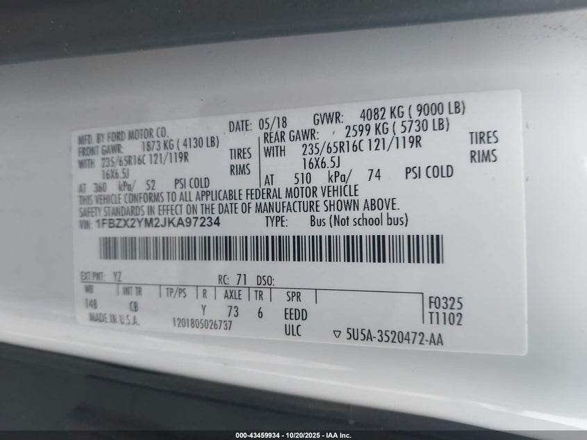 2018 FORD TRANSIT-350 XLT 1FBZX2YM2JKA97234