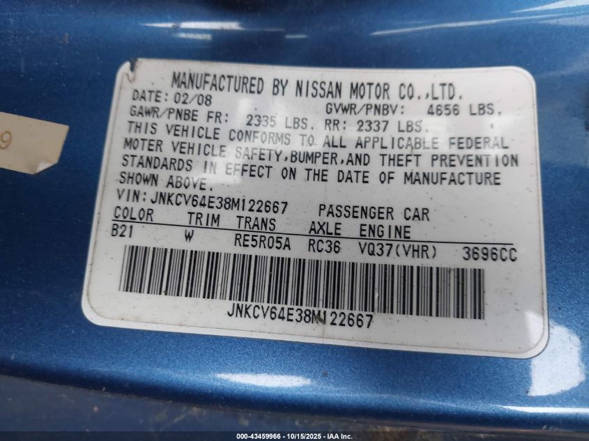 2008 Infiniti G37 Journey VIN: JNKCV64E38M122667 Lot: 43459966
