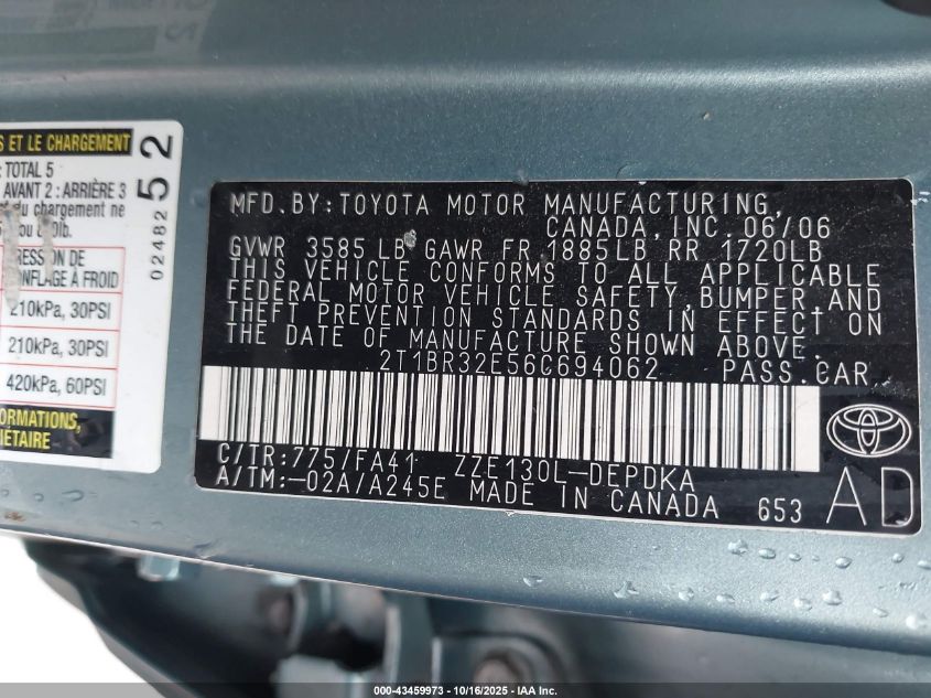 2006 Toyota Corolla Ce VIN: 2T1BR32E56C694062 Lot: 43459973