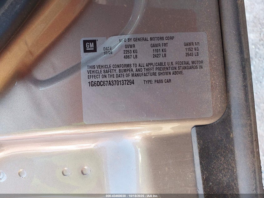 2007 Cadillac Sts V8 VIN: 1G6DC67A370137294 Lot: 43460038