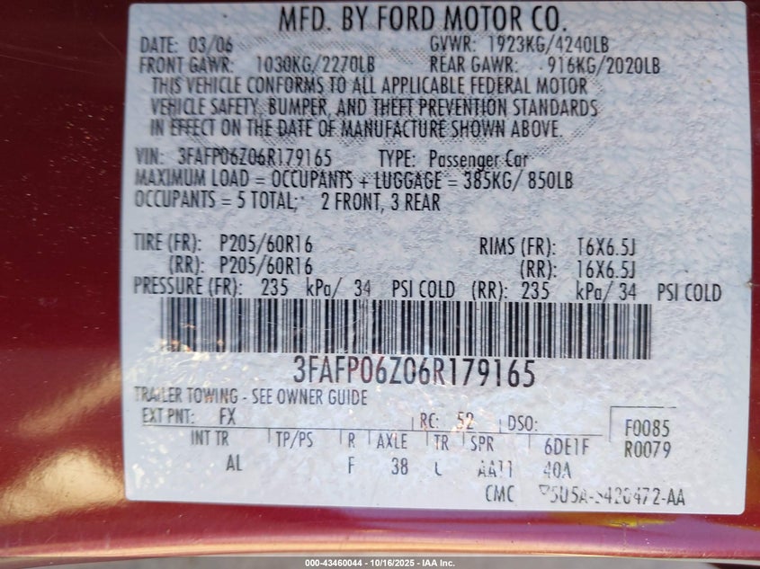 2006 Ford Fusion S VIN: 3FAFP06Z06R179165 Lot: 43460044