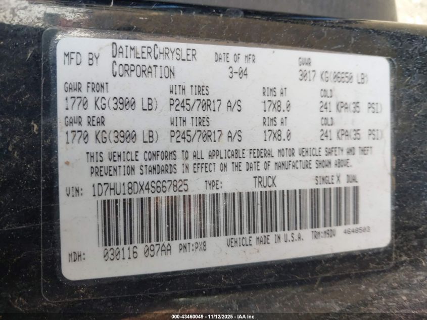 2004 Dodge Ram 1500 Slt/Laramie VIN: 1D7HU18DX4S667825 Lot: 43460049