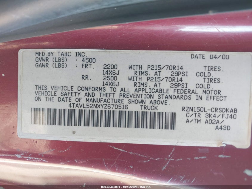2000 Toyota Tacoma VIN: 4TAVL52NXYZ670516 Lot: 43460081