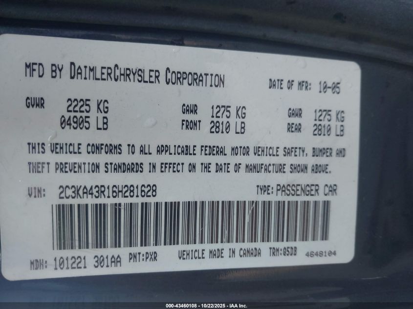 2006 Chrysler 300 VIN: 2C3KA43R16H281628 Lot: 43460108