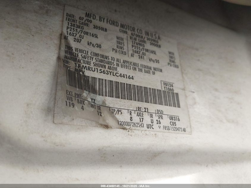 2000 Ford Expedition Xlt VIN: 1FMRU1563YLC44164 Lot: 43460145