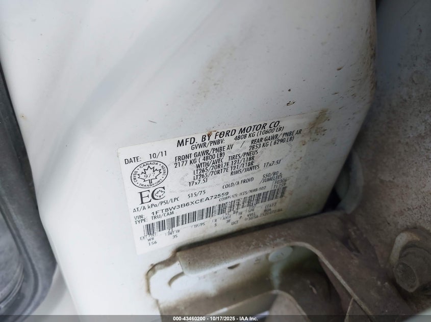 2012 Ford F-350 Xlt VIN: 1FT8W3B6XCEA72559 Lot: 43460200