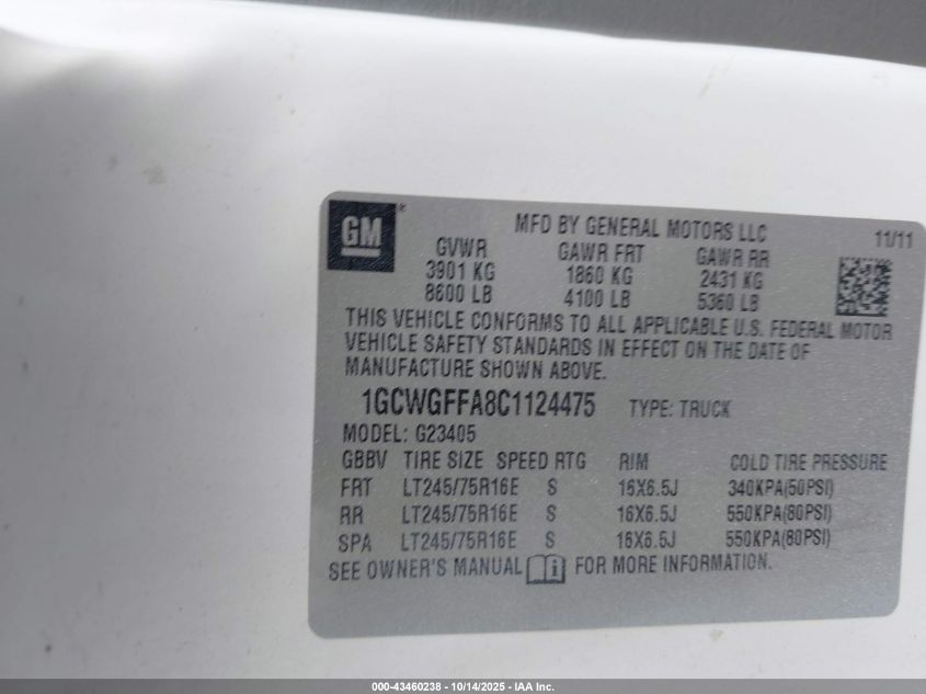 2012 Chevrolet Express 2500 Work Van VIN: 1GCWGFFA8C1124475 Lot: 43460238