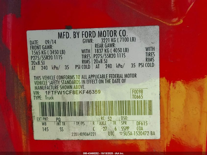 2014 Ford F-150 Stx VIN: 1FTFW1CF8EKF46359 Lot: 43460252