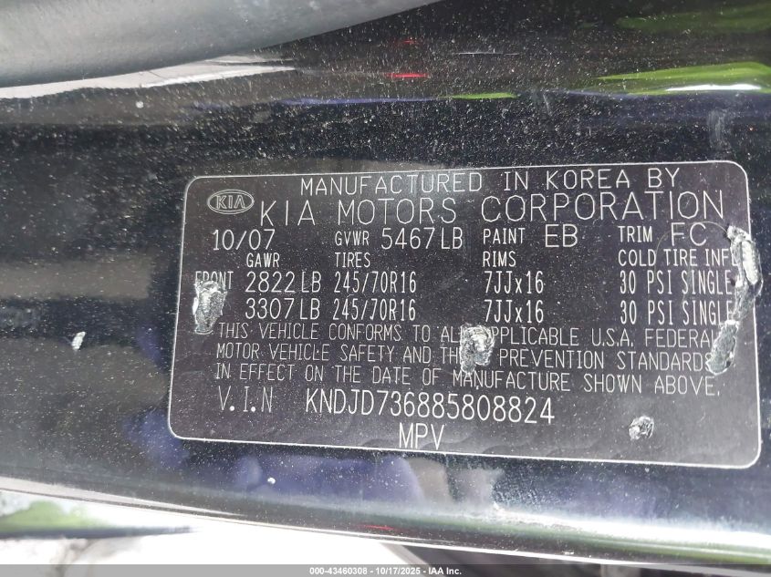 2008 Kia Sorento Ex VIN: KNDJD736885808824 Lot: 43460308