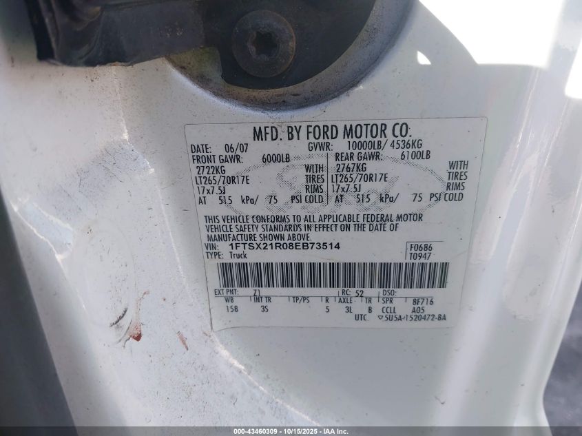 2008 Ford F-250 Fx4/Lariat/Xl/Xlt VIN: 1FTSX21R08EB73514 Lot: 43460309