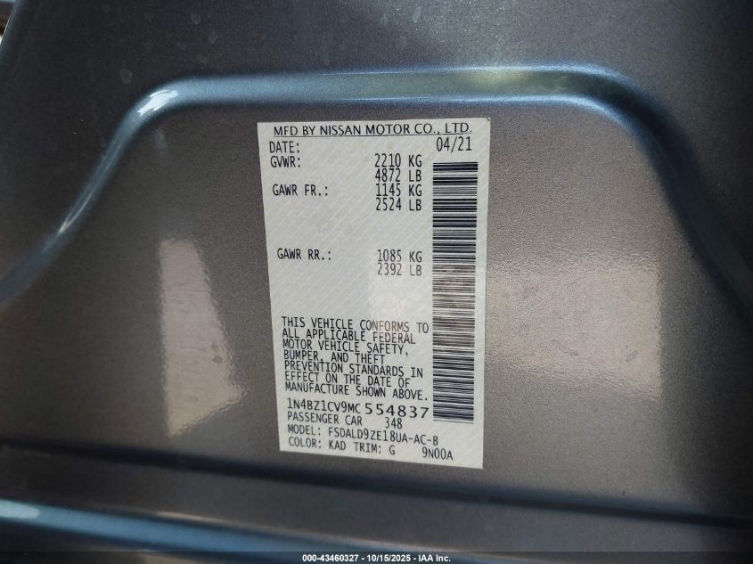 2021 Nissan Leaf Sv Plus 62 Kwh VIN: 1N4BZ1CV9MC554837 Lot: 43460327