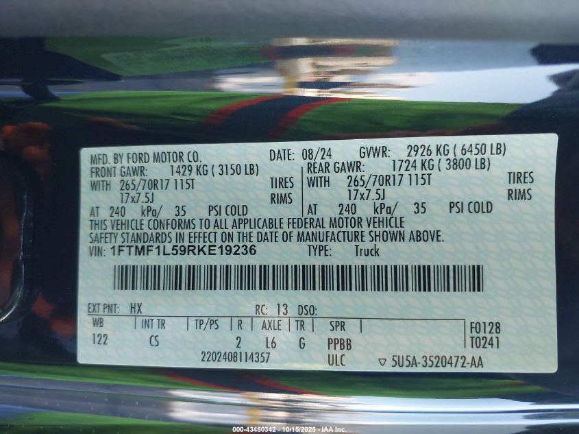 2024 Ford F-150 Xl VIN: 1FTMF1L59RKE19236 Lot: 43460342