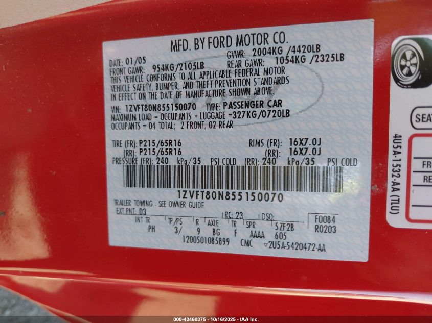 2005 Ford Mustang V6 Deluxe/V6 Premium VIN: 1ZVFT80N855150070 Lot: 43460375