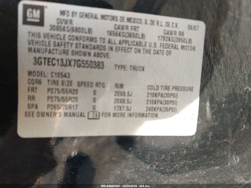 2007 GMC Sierra 1500 Sle1 VIN: 3GTEC13JX7G550383 Lot: 43460384