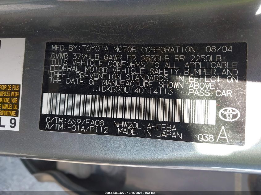 2004 Toyota Prius VIN: JTDKB20U140114113 Lot: 43460422