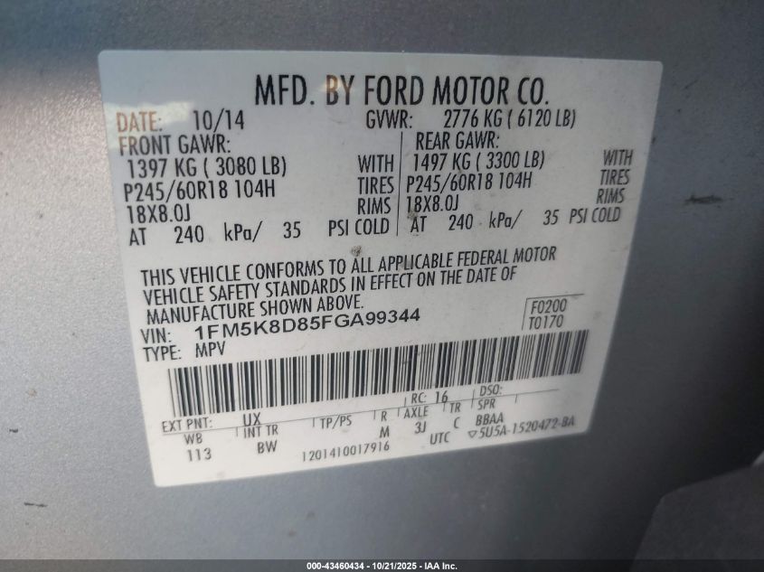 2015 Ford Explorer Xlt VIN: 1FM5K8D85FGA99344 Lot: 43460434
