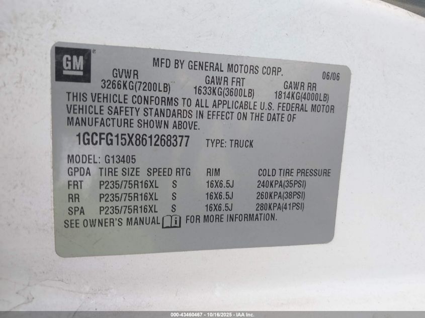 2006 Chevrolet Express Work Van VIN: 1GCFG15X861268377 Lot: 43460467