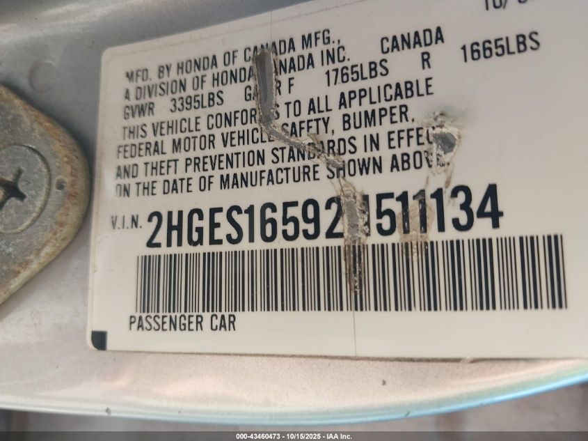 2002 Honda Civic Lx VIN: 2HGES16592H511134 Lot: 43460473