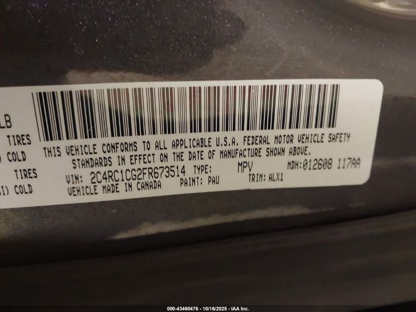 2015 Chrysler Town & Country Touring-L VIN: 2C4RC1CG2FR673514 Lot: 43460476