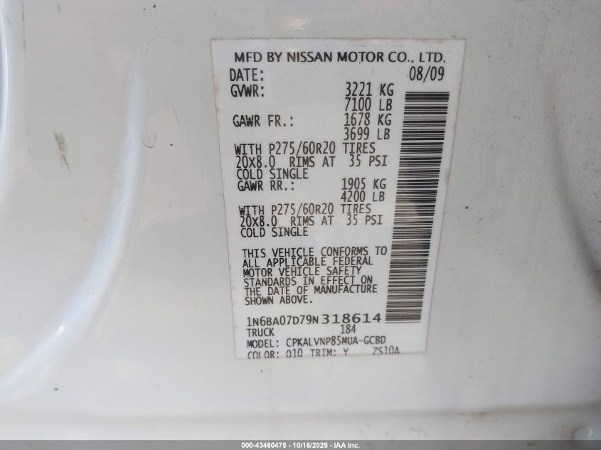 2009 Nissan Titan Le VIN: 1N6BA07D79N318614 Lot: 43460475