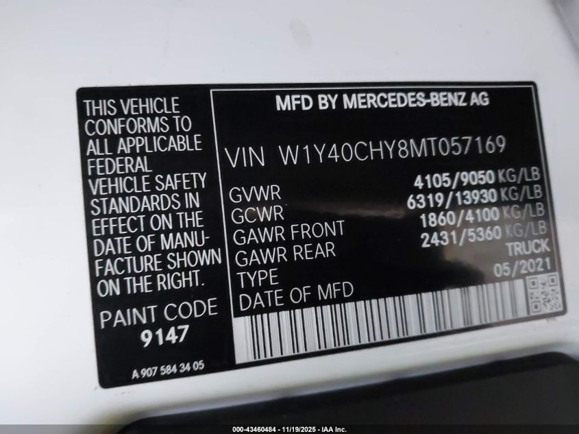 2021 Mercedes-Benz Sprinter 2500 High Roof I4 VIN: W1Y40CHY8MT057169 Lot: 43460484