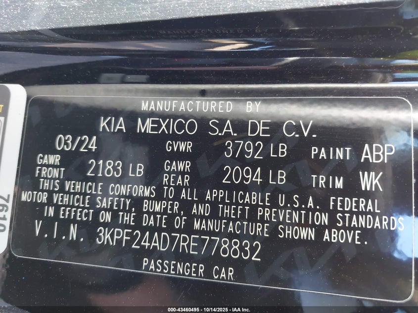 VIN 3KPF24AD7RE778832 2024 KIA FORTE LXS