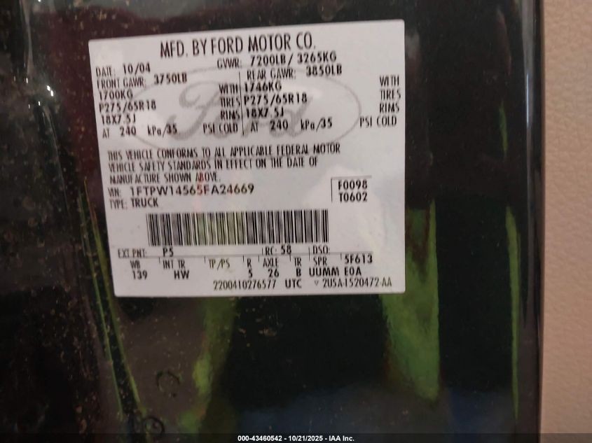 2005 Ford F-150 Fx4/Lariat/Xlt VIN: 1FTPW14565FA24669 Lot: 43460542