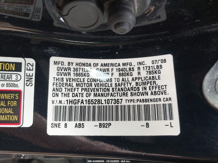 2008 Honda Civic Lx VIN: 1HGFA16528L107367 Lot: 43460549