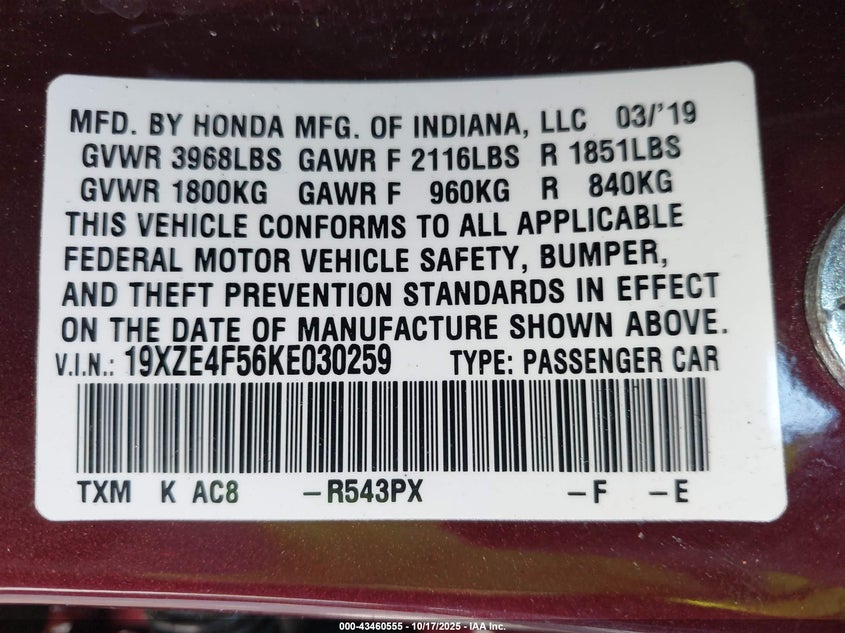 2019 HONDA INSIGHT EX 19XZE4F56KE030259