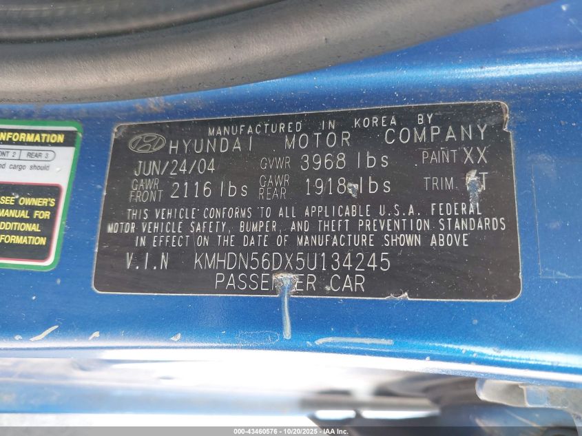 2005 Hyundai Elantra Gls/Gt VIN: KMHDN56DX5U134245 Lot: 43460576