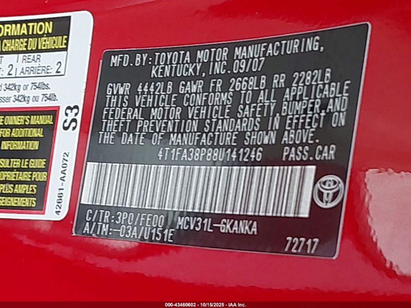 2008 Toyota Camry Solara Se VIN: 4T1FA38P88U141246 Lot: 43460602