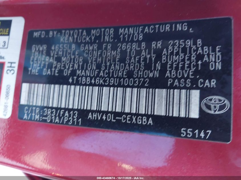 2009 Toyota Camry Hybrid VIN: 4T1BB46K39U100372 Lot: 43460674