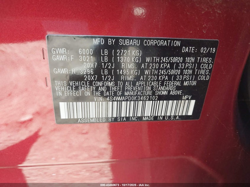 2019 SUBARU ASCENT LIMITED 4S4WMAPD0K3462102