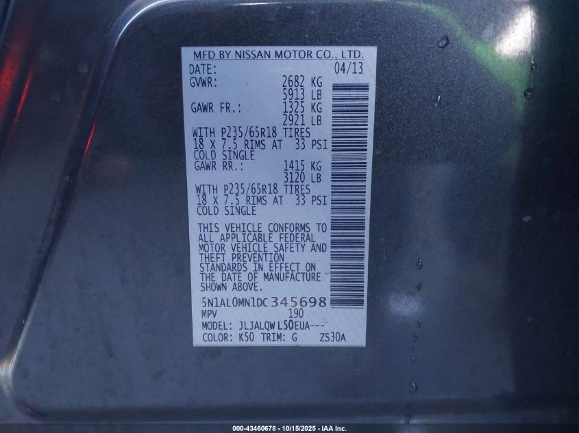 2013 Infiniti Jx35 VIN: 5N1AL0MN1DC345698 Lot: 43460678