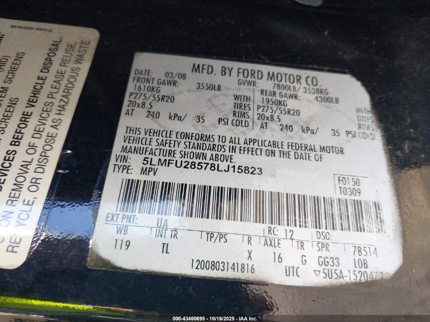 2008 Lincoln Navigator VIN: 5LMFU28578LJ15823 Lot: 43460695